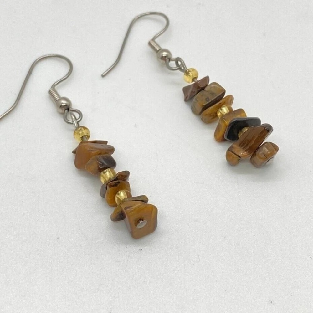 Natural Tiger‎ Eye Chip Stone Dangle Earrings Brown Golden Tone Fishhook